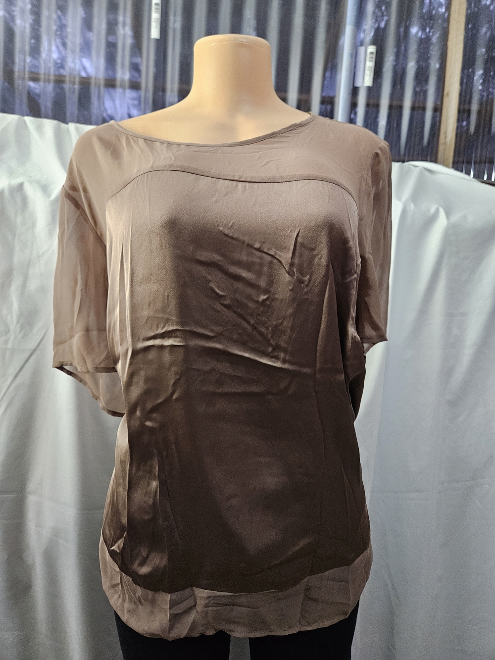 Nordstrom Taupe Satin Short-Sleeve Blouse